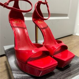 Jennifer Lopez Red Patent Platform Ankle-Strap Heels